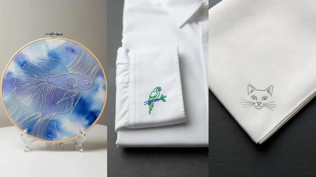 Pet line art embroidery keepsakes: a betta fish in a hoop, a parrot on a shirt, and a cat face on a handkerchief.