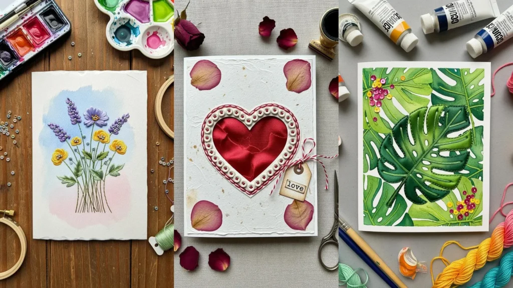 A collage of three DIY embroidered mixed-media cards, with floral, heart, and monstera leaf designs.