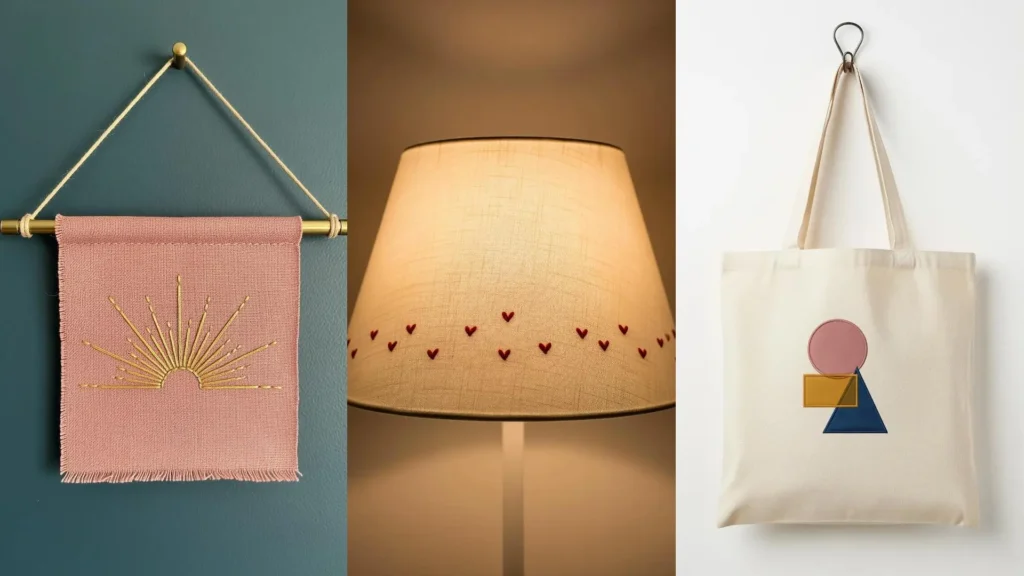 Elegant embroidery decor ideas that take less than an hour, shown on a wall hanging, lampshade, and tote bag.
