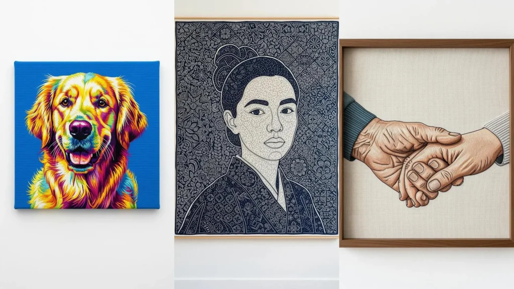 Wall art collection of hand-stitched portraits, turning photos into embroidered masterpieces of a dog, a woman, and hands.