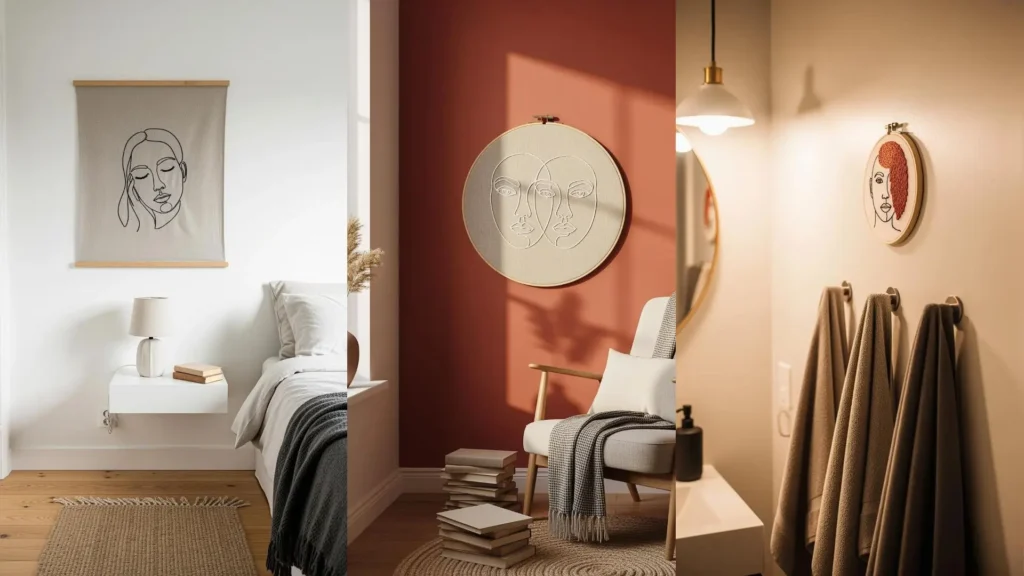 Minimal portrait line embroidery projects hanging as wall art in three different rooms of a modern boho-style home.