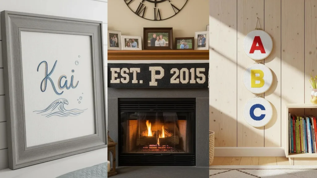 A collage showing personalized wall embroidery gifts, including a framed name, a monogram banner, and ABC hoops.