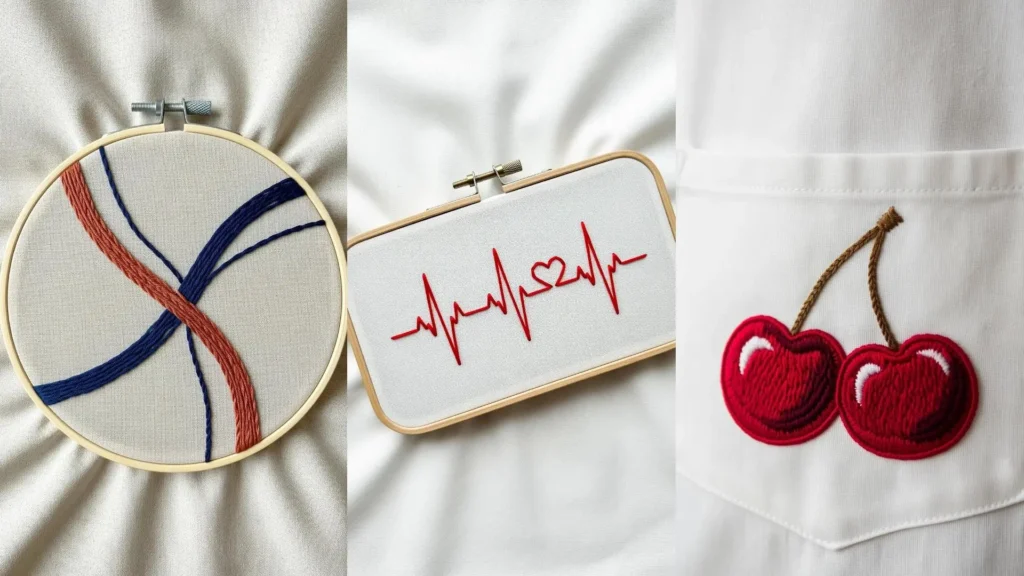 A collage of three small embroidery ideas that look complex but are easy, featuring cherries and a heartbeat design.