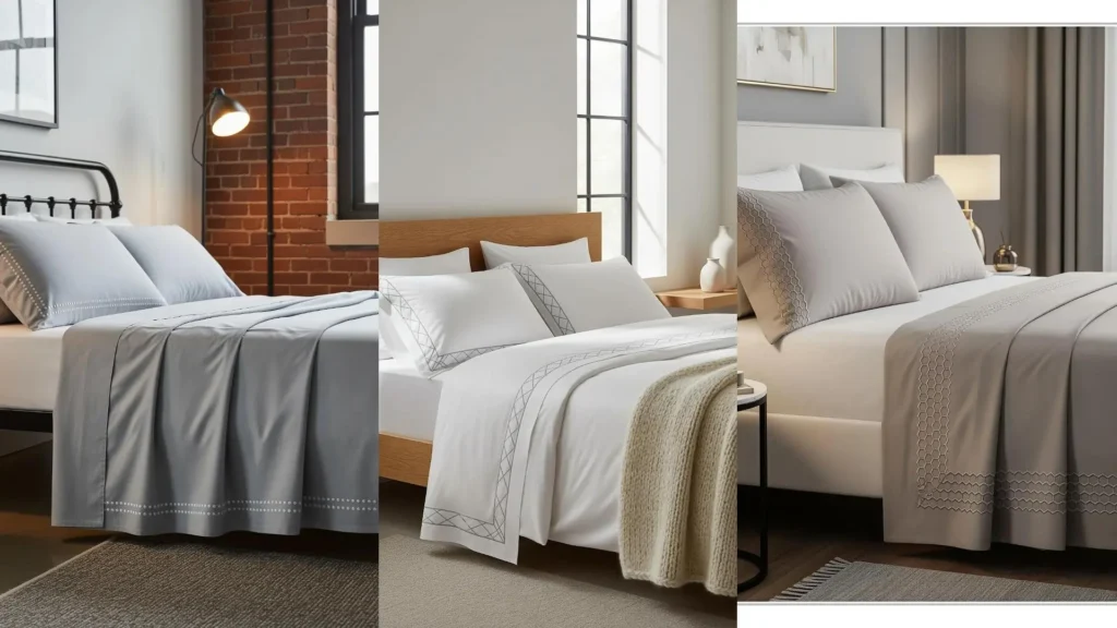 Three cozy beds with soft neutral bedsheets, each featuring an elegant and expensive-looking embroidery border.