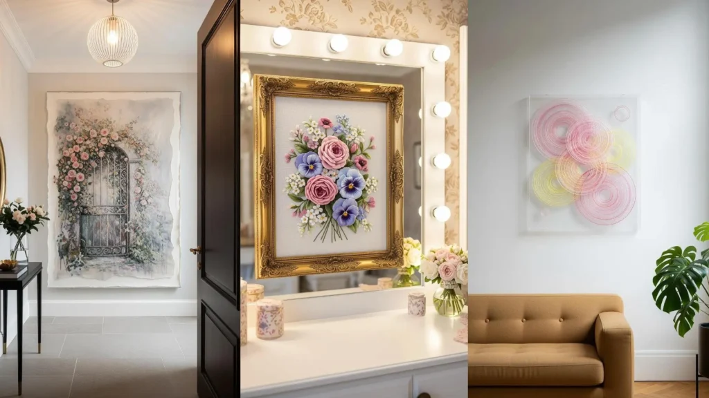 A collage of dreamy, feminine wall decor featuring soft pastel embroidery and textile art in elegant rooms.