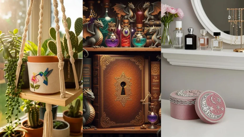 Adding a luxe touch to shelves with tiny stitched details like an embroidered hummingbird and a beaded moon box.