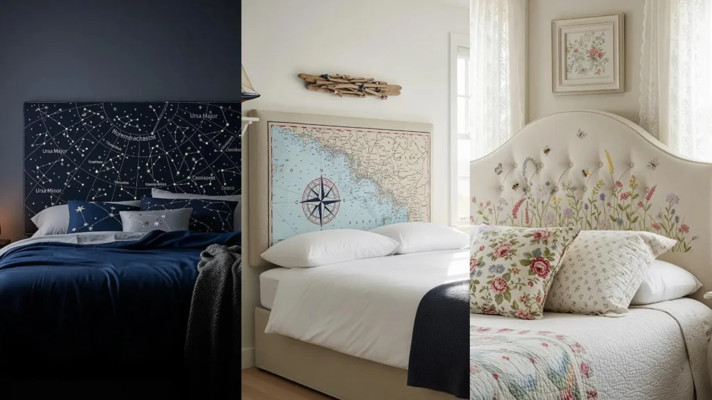 Three beds with unique embroidered headboard designs, including a constellation map, a nautical map, and floral embroidery.