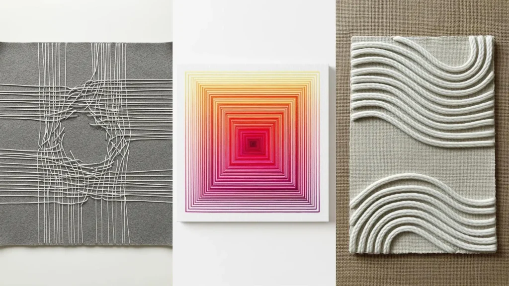 Abstract thread embroidery ideas turning simple lines into mesmerizing wall art with colorful and textured designs.