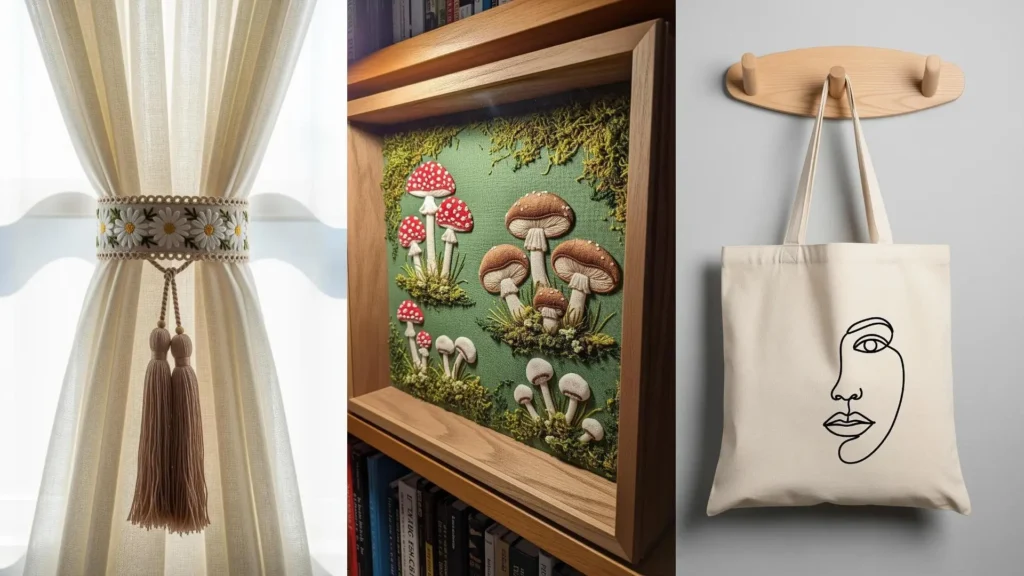 A collage of creative embroidery pieces that make a room pop, featuring a daisy curtain tie and 3D mushroom wall art.