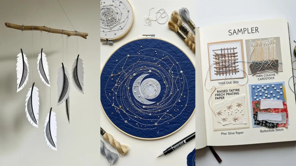 Creative paper art inspirations for stitching, featuring a feather mobile and celestial embroidery on dark blue paper.