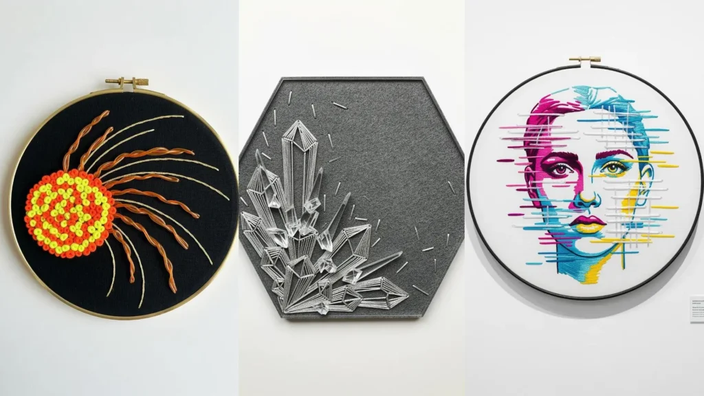 Futuristic embroidery collage with a glitch portrait, plastic crystals, and a sun with metallic and recycled materials.