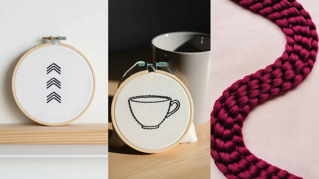 Easy minimalist small hoop designs to stitch in under an hour, featuring a simple teacup and chevron pattern embroidery.