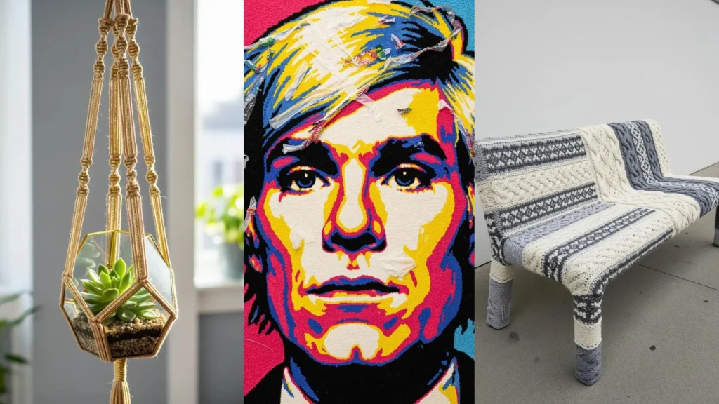 A collage of mixed-fiber designs showing traditional and modern styles, from a pop art portrait to a knitted bench.