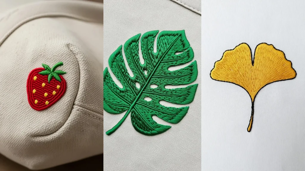 Close-up of mini embroidery patterns for a tote bag, featuring a strawberry, a monstera, and a ginkgo leaf.
