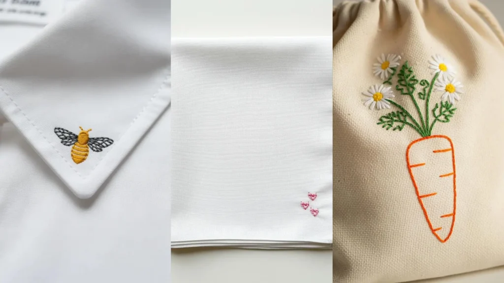 A collage showing how small, simple stitches turn everyday items like a shirt collar and a bag into handmade treasures.