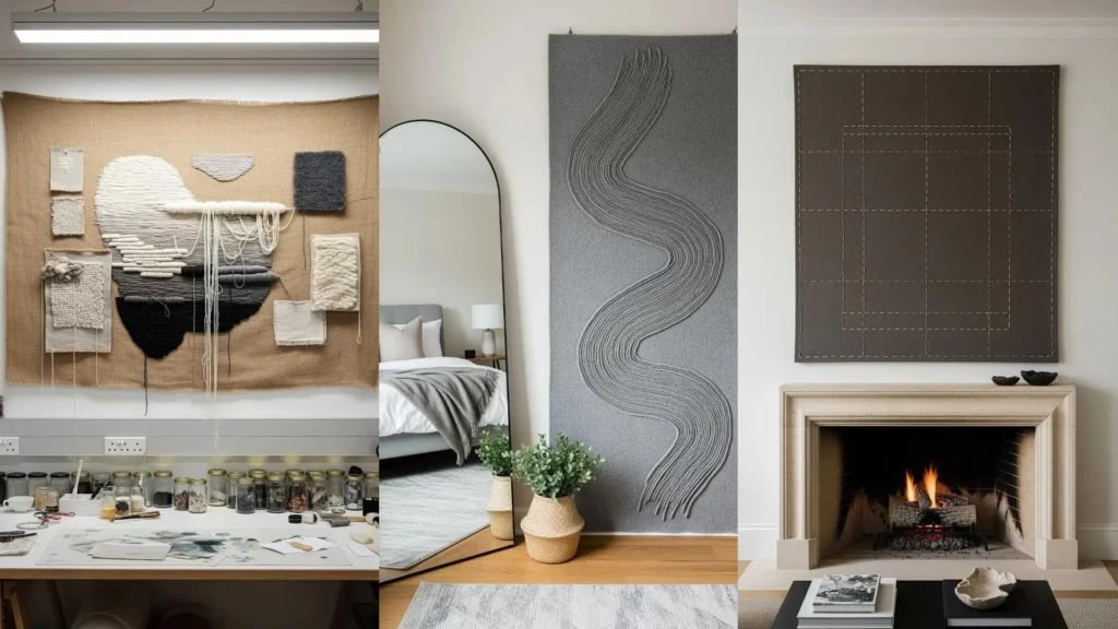 A triptych of neutral wall art. Subtle stitch techniques and textures add quiet depth to minimalist interiors.