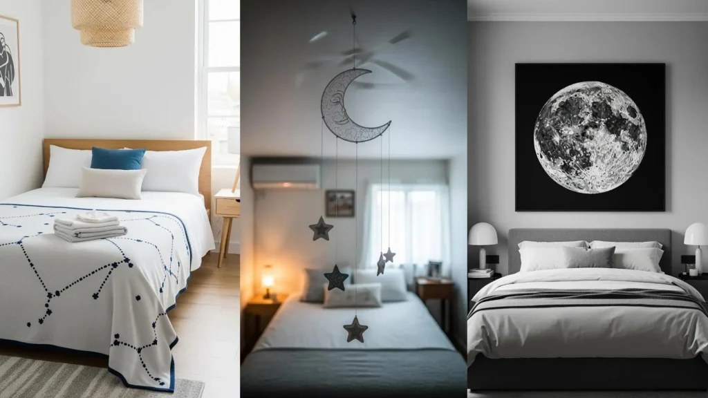 Collage of bedrooms with tiny, night sky embroidery designs that create dreamy galaxies on blankets and wall decor.