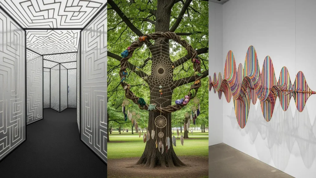 Fiber art installations mixing embroidery and sculpture: a geometric maze, a large tree weaving, and a colorful wall sculpture.