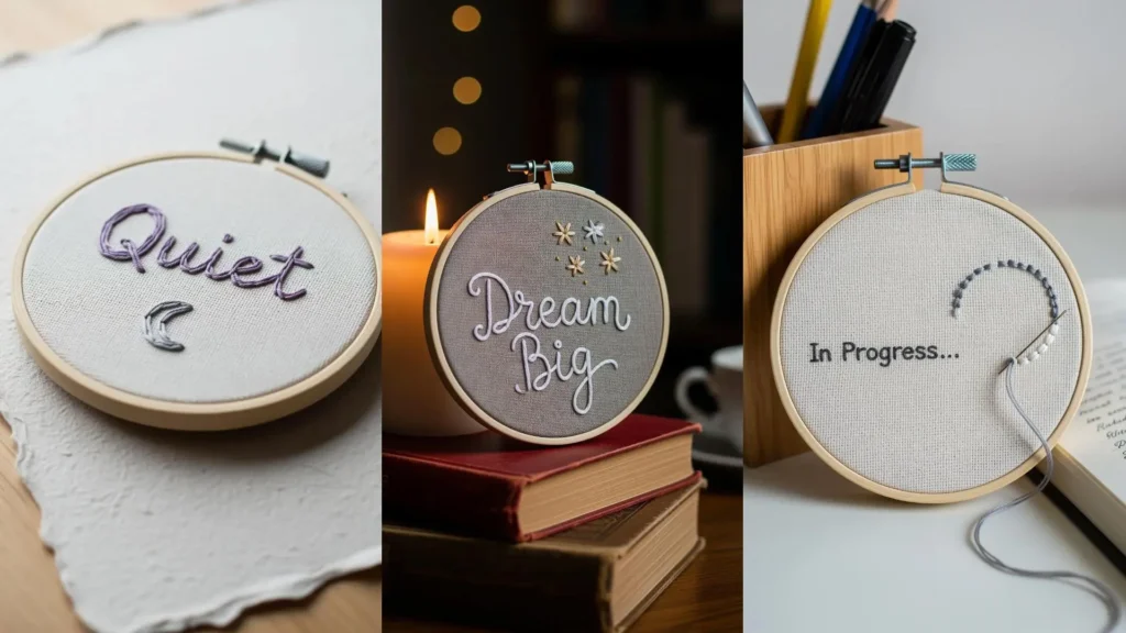 Cute small hoop quotes like "Dream Big" personalizing a cozy office desk and study nook.