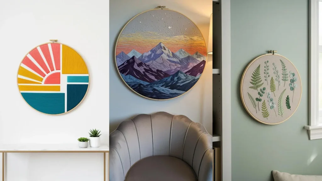 Three DIY embroidery wall hoop patterns displayed as art: a geometric sun, mountains, and botanical ferns.