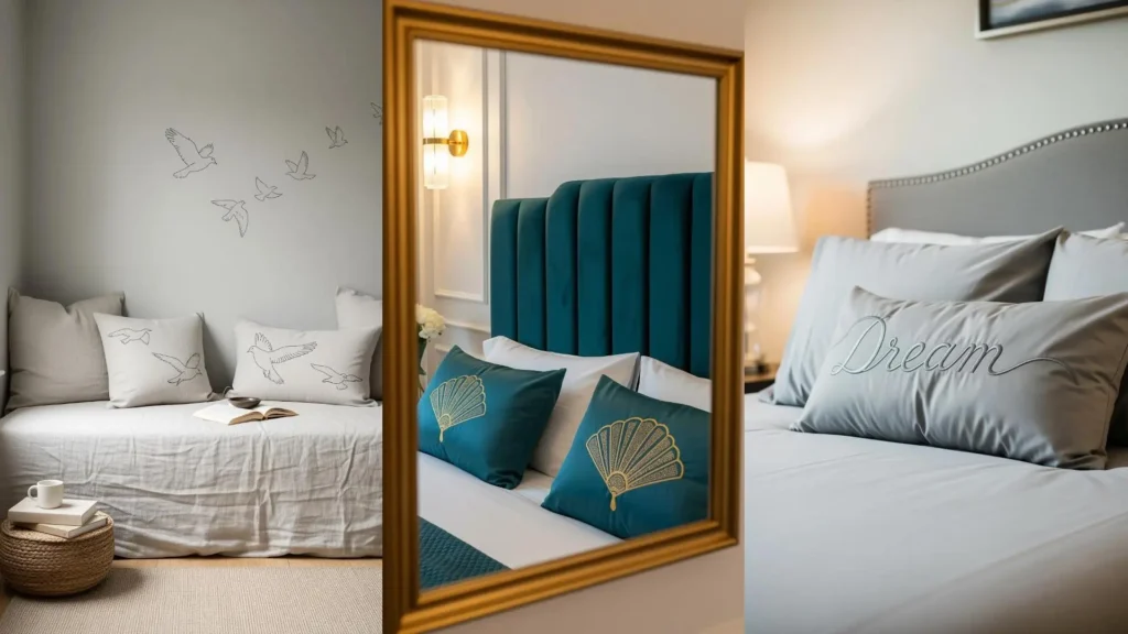 Collage of beds with embroidered pillow covers, including bird and "Dream" designs that promote calm, better sleep.