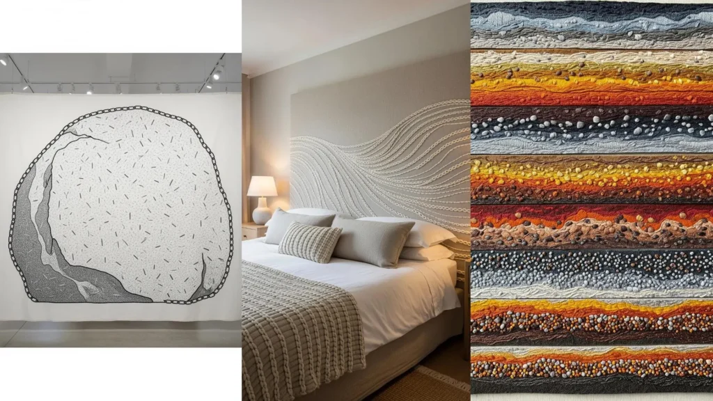 Embroidery inspired by stones, sand, and soil in a collage of textured art, including a rock and colorful earth layers.