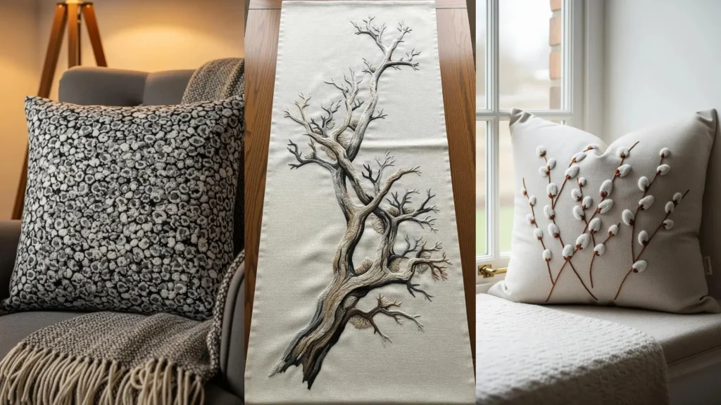 Pillows and a table runner with embroidery patterns of stones, wood, and leaves, shown in a cozy home setting.