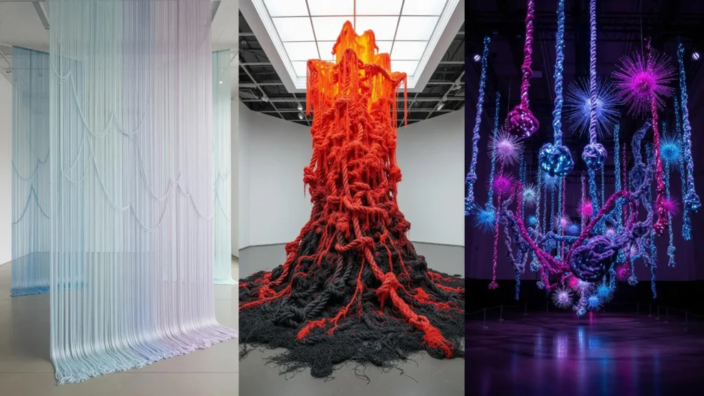 A collage of three fiber art installations, showing how color and texture in thread and rope evoke emotion.
