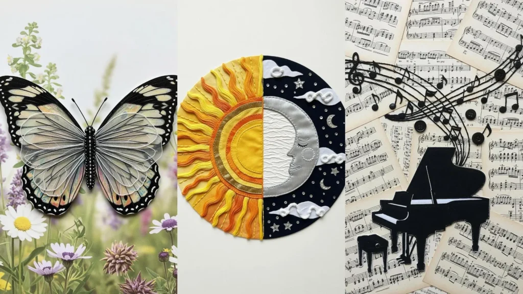 Handmade collages blending paper, fabric, and hand-stitching, showing a butterfly, sun & moon, and a musical design.