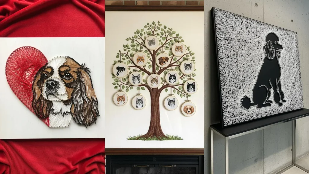 A collage of pet-inspired string art and embroidery, showing portraits of cats and dogs as heartwarming keepsakes.