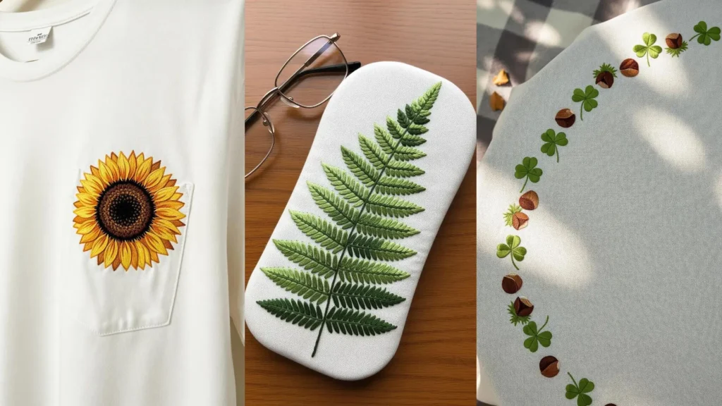 Collage of beginner meadow bloom stitch projects, including a sunflower shirt, showcasing blending and texture.