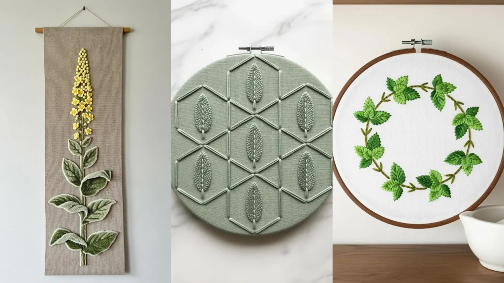 A collage of medicinal herb embroidery designs featuring a mint wreath and other hand-stitched botanical art.