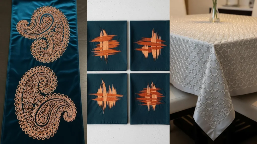 Glamorous table linens with metallic thread embroidery, showing a paisley runner and a silver tablecloth for a dinner party.