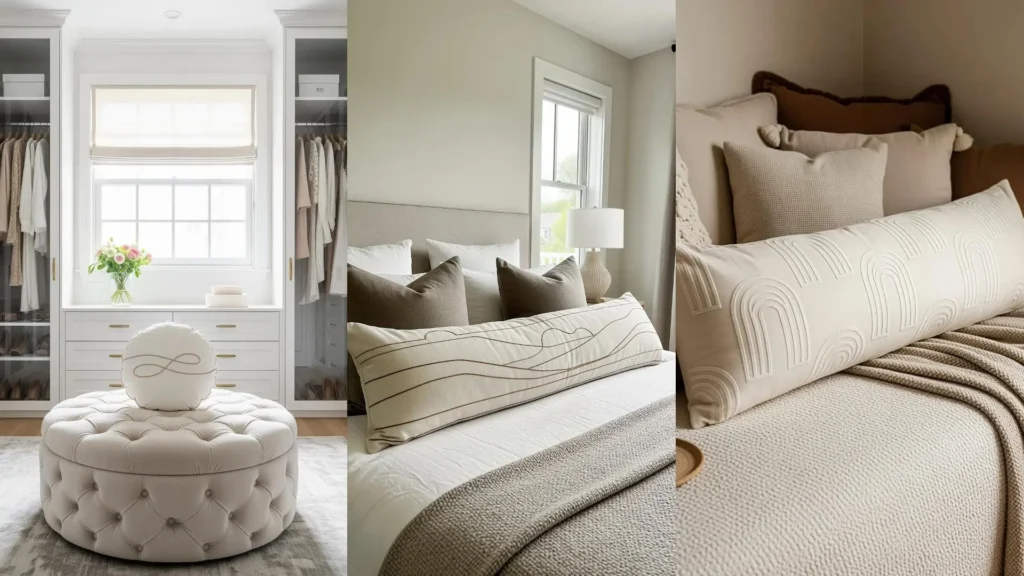 A collage of cream-tone pillows with minimal embroidery, perfect for a cozy, neutral farmhouse decor style.