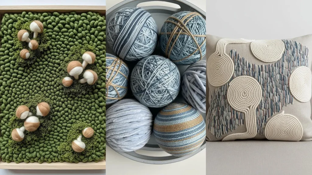 A collage of easy mixed-fiber projects, including felted mushrooms and a rope pillow, that look complex but are simple.