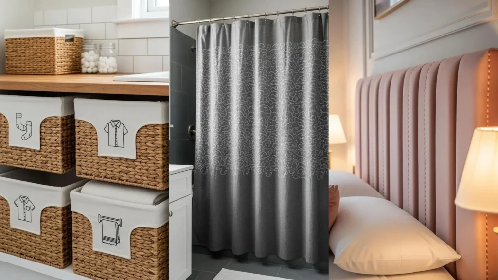 Home decor ideas using monochrome embroidery on laundry baskets, a shower curtain, and an elegant upholstered headboard.