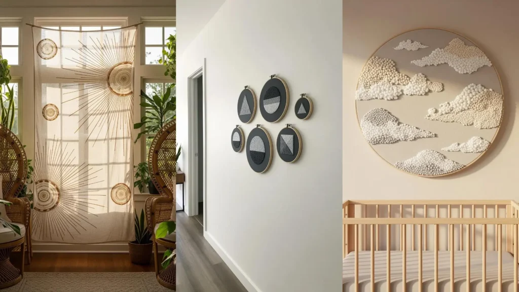A collage of minimal embroidered wall decor in neutral tones: a sun tapestry, geometric art, and a cloudy nursery piece.