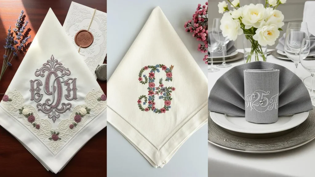 Collage of personalized table linens with monogram embroidery for elegant wedding and anniversary dinner ideas.