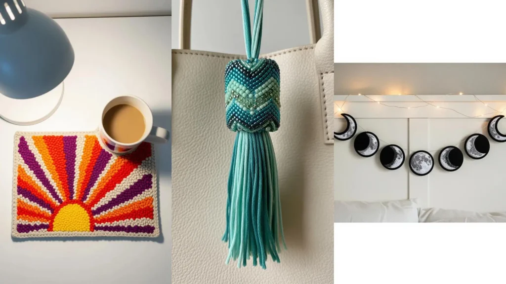 A collage of small DIY decor projects to make in a weekend: a sunburst coaster, a bag tassel, and a moon garland.