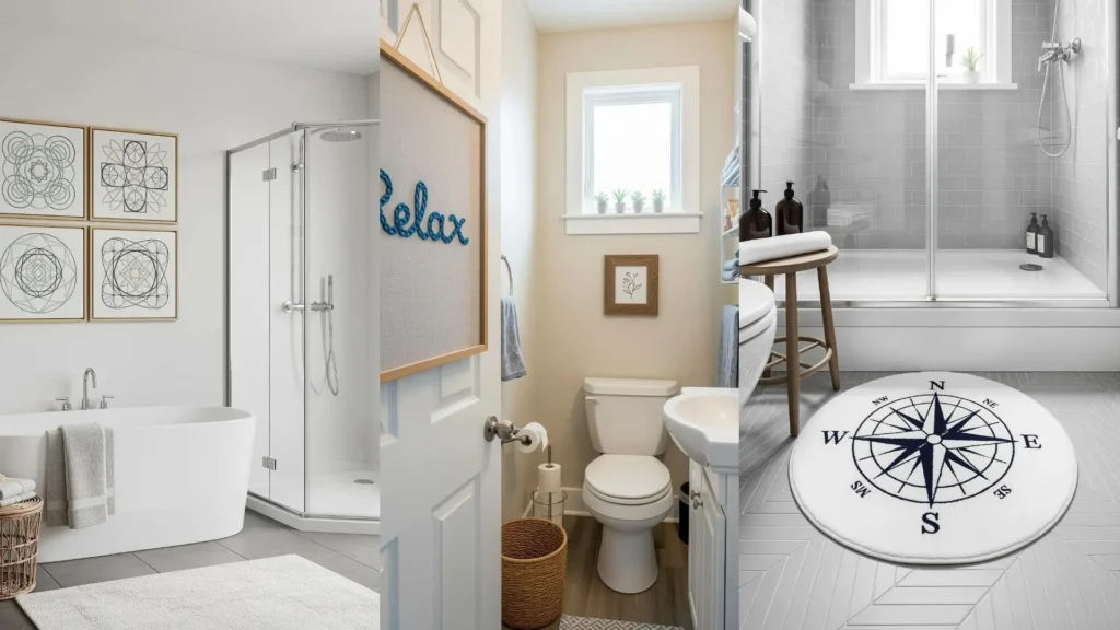 A collage of tiny bathrooms showcasing embroidery art projects that create a relaxing, spa-like vibe.