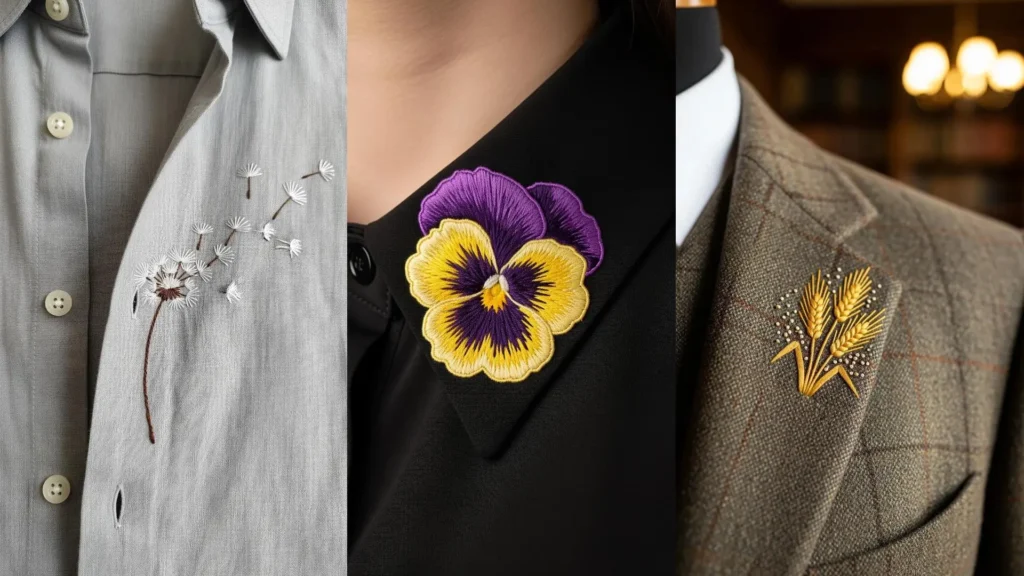 Close-up of tiny floral embroidery ideas on clothing, with detailed flowers on a shirt collar and jacket pocket corner.