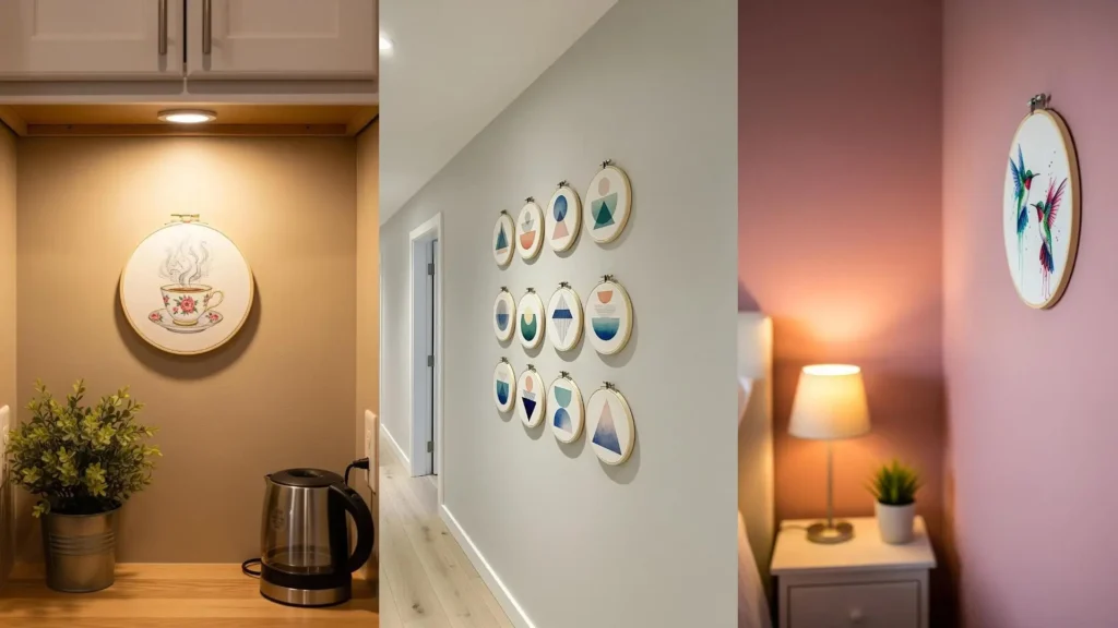 A collage shows tiny, watercolor-style thread art pieces hung as elegant wall displays in a hallway and other rooms.