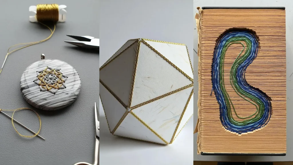 Inspirations for bold embroidery on unconventional paper art, like a stitched pendant and thread in a carved book.