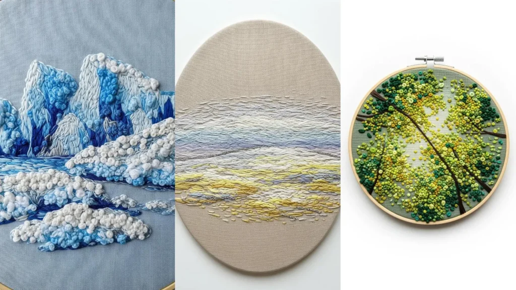 A collage of three abstract color-blend stitch ideas. Embroidered landscapes with a painterly feel, like a sea and treetops.