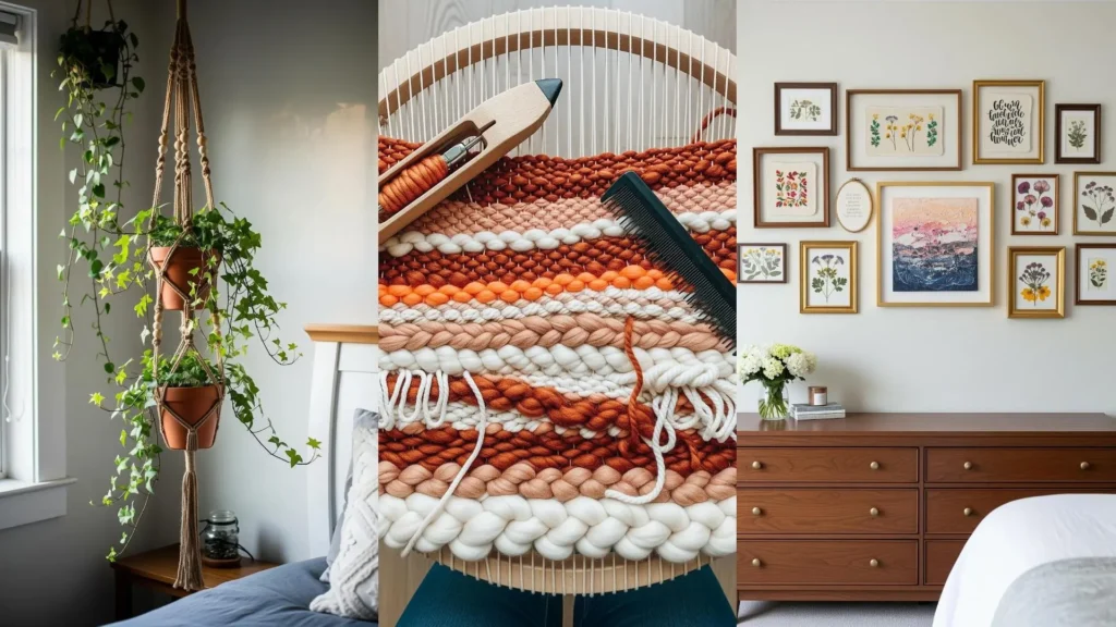 Cozy DIY bedroom decor ideas, including a macrame plant hanger, a weaving project, and a personal gallery wall.