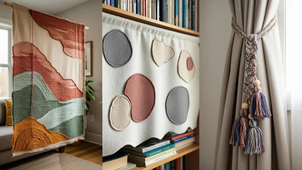 A collage of DIY art pieces that find magic in imperfection, like a textured tapestry and other handmade fabric crafts.