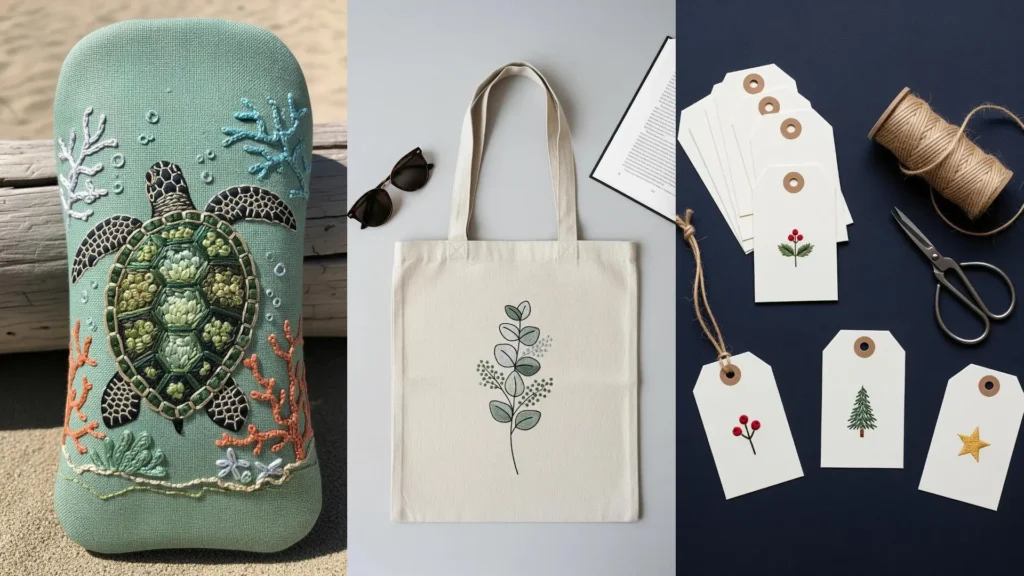 A collage of DIY embroidered presents, including a turtle pouch, a botanical tote bag, and handmade holiday gift tags.