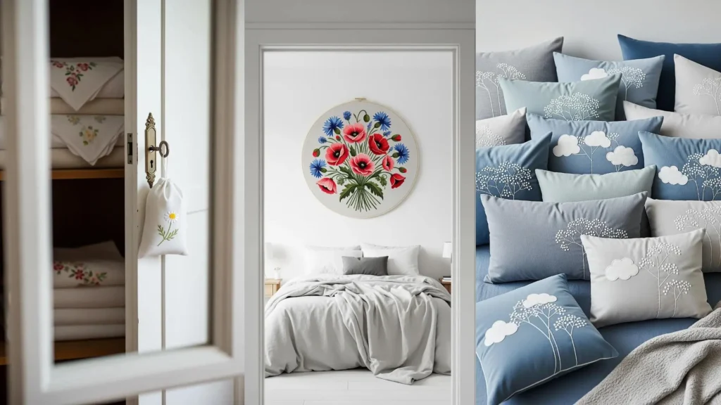 A tranquil bedroom with gentle botanical embroidery stitches used for decor on a floral hoop and pillows.