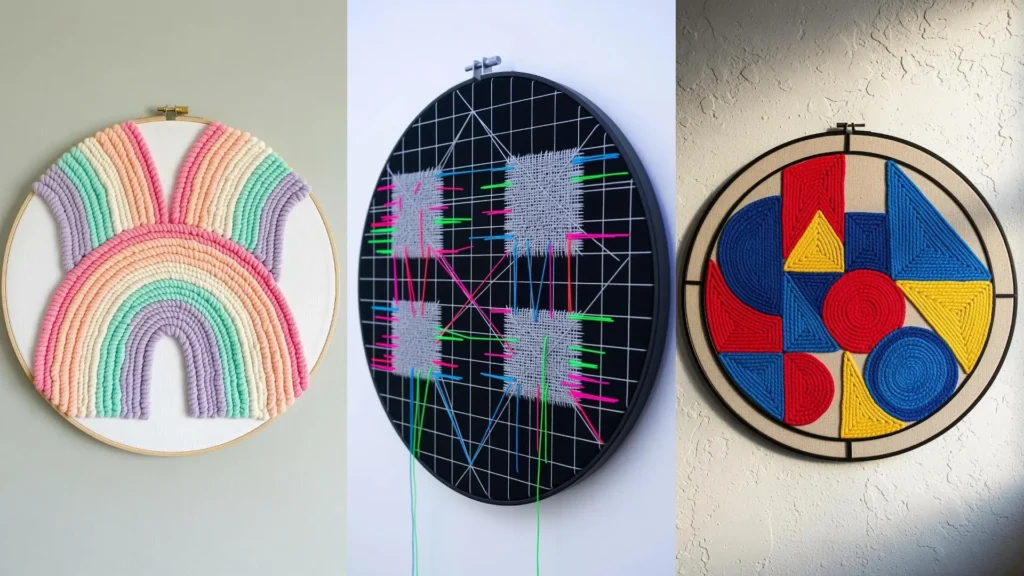 Three statement wall hoop installations with bold, colorful geometric and abstract thread patterns.