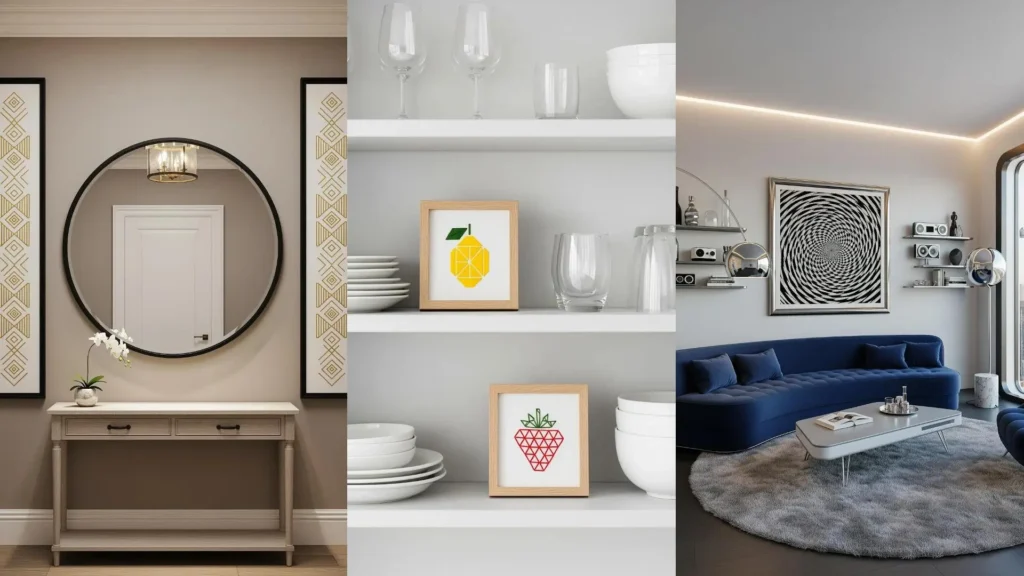 A collage of rooms decorated with framed geometric embroidery patterns, including an entryway, shelves, and a living room.